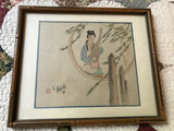 Antique Original Hand Painted Silk Cloth Japanese Biwa Geisha Lady Art Wood Glass Framed