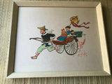 Antique Original Hand Painted Silk Cloth Mother & Children Rickshaw Art 12x10