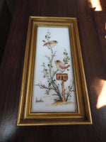 Vintage Spain Original Oil Painting on White Glass Birds Art Signed Wood Frame