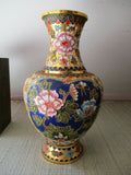 Asian Chinese Vintage Cloisonne Gold Brass Vase Peonies Flowers 10 Inch