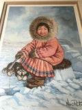 Canadian Artist Nori Peter ANTICIPATION Inuit Girl Wolf Cub Art Print Framed